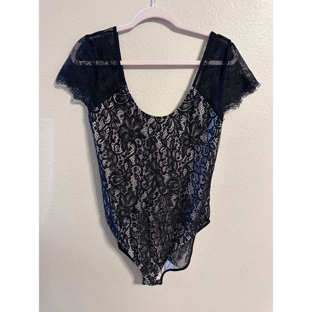 EXPRESS Lace Bodysuit Black Floral Sheer Short Sleeve Lingerie Top